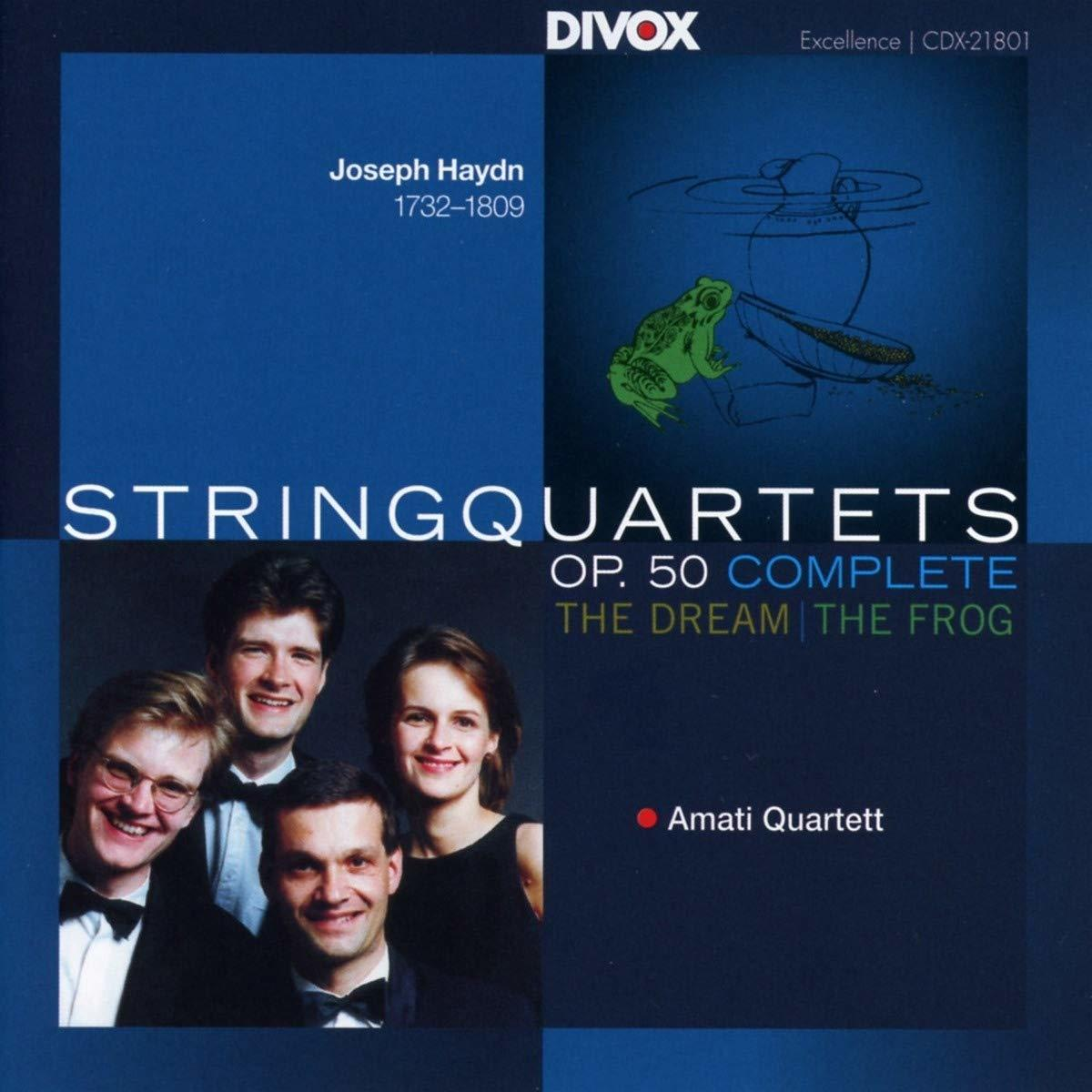 CD-Cover. Vier Männer, blauer Hintergrund, Froschillustration. Titel: Streichquartette.