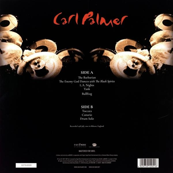 Rückseite einer Carl Palmer Vinyl-Schallplatte. Trackliste, Label und Albumdetails.