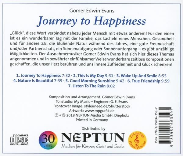 Rückseite eines CD-Covers. Titel: Journey to Happiness. Text auf Deutsch. Ein CD-Logo befindet sich links unten.