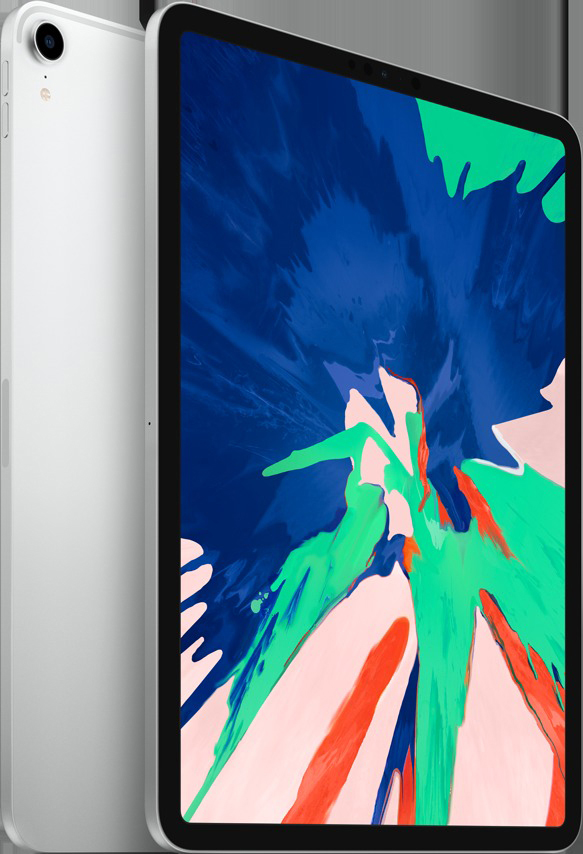 Silbernes Tablet, Vorder- und Seitenansicht. Zeigt ein farbenfrohes abstraktes Bild. Weißer Hintergrund.