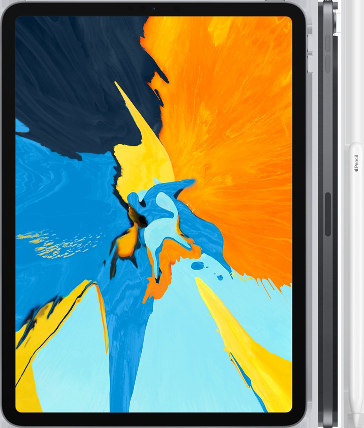 Ein iPad Pro mit Hülle und weißem Apple Pencil, das eine farbenfrohe abstrakte Kunst zeigt.