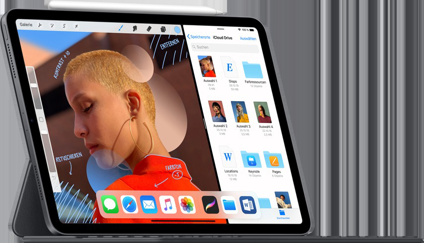 Tablet mit Foto einer Frau, Stift und Tastatur. App-Symbole sichtbar.