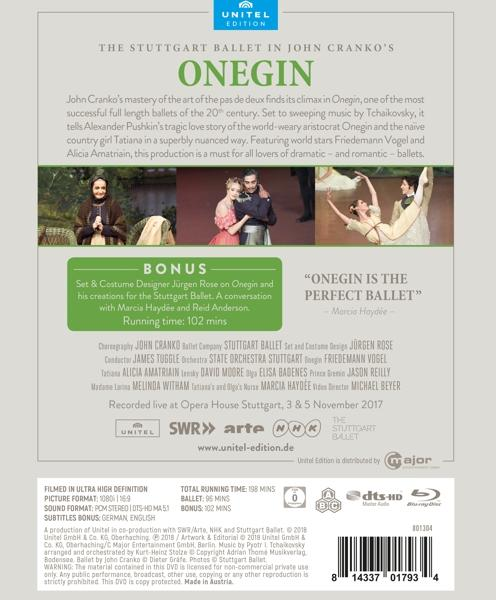 Rückseite einer DVD-Hülle für das Ballett 'Onegin' mit Bildern der Aufführung und der Besetzung.