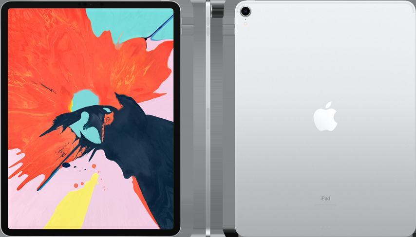 Ein iPad Pro, Vorder- und Rückansicht. Die Vorderseite zeigt ein farbenfrohes abstraktes Gemälde. Die Rückseite hat das Apple-Logo.