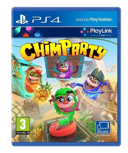 Caja de videojuego de ChimParty con monos de dibujos animados.
