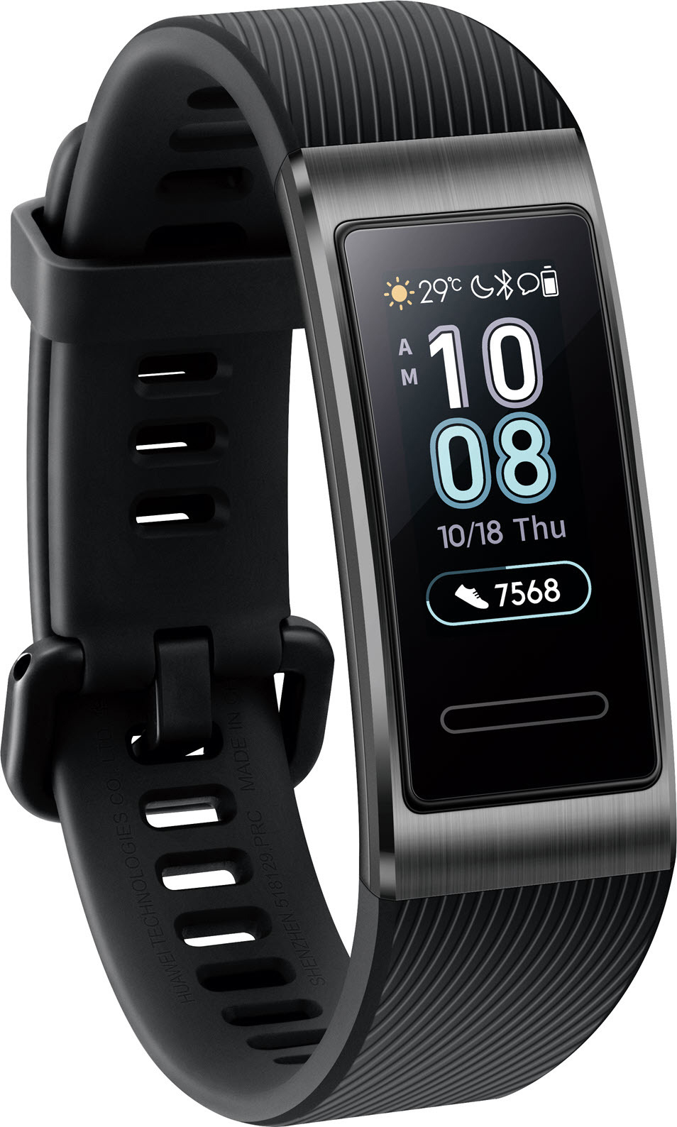 Schwarze Smartwatch mit Anzeige von Uhrzeit, Datum und Aktivitätsdaten. Schwarzes Armband und Schnalle.