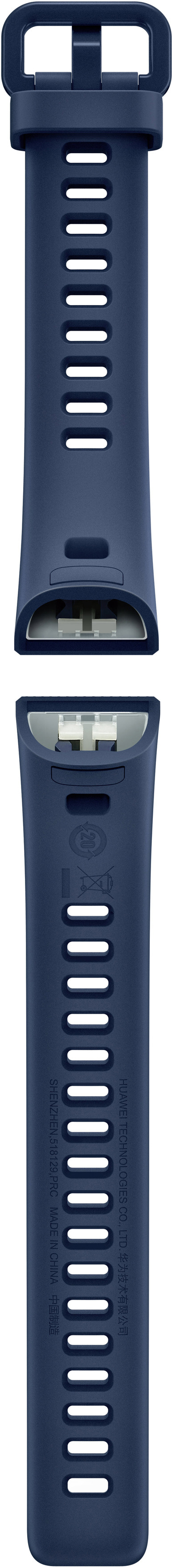 Zwei Teile eines blauen Uhrenarmbands. Weißer Hintergrund.