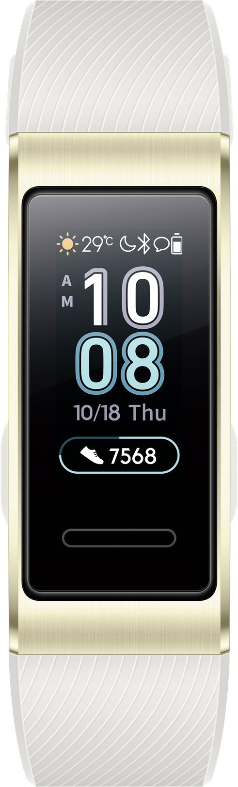 Smartwatch mit schwarzem Bildschirm, der Zeit, Datum, Wetter und Aktivitätsdaten anzeigt. Goldband.
