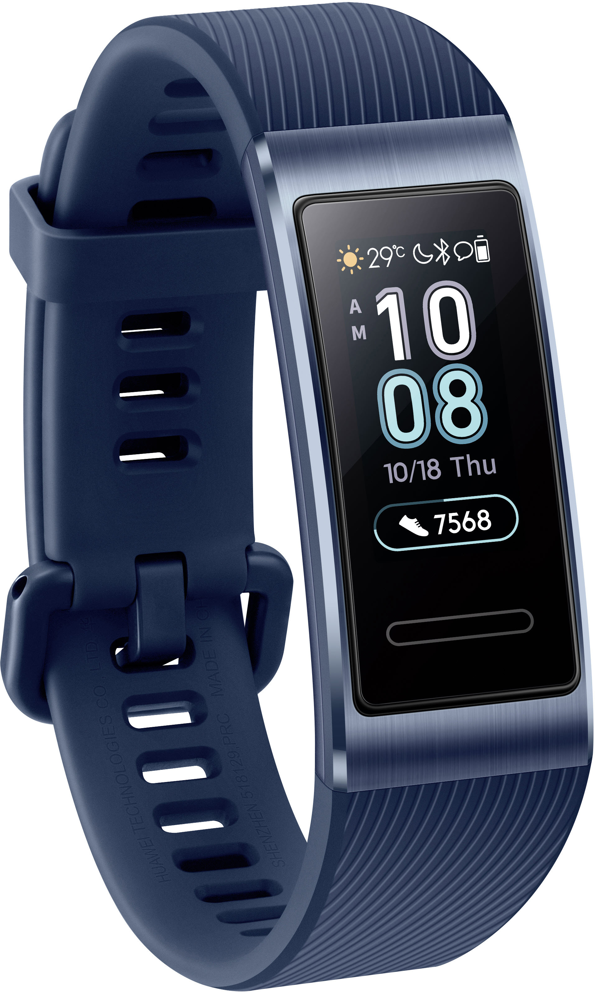 Eine blaue Smartwatch mit Display, das Zeit- und Aktivitätsdaten anzeigt.
