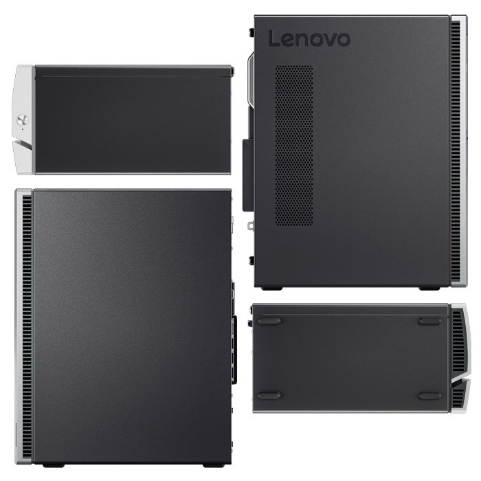 Ordenador de sobremesa Lenovo desde múltiples ángulos mostrando los lados y la parte superior.