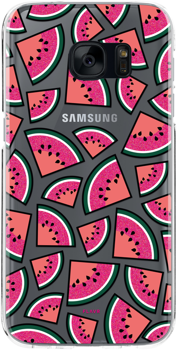 Een telefoonhoesje met een patroon van watermeloen schijfjes. De schijfjes zijn roze met zwarte pitjes en groene schil.