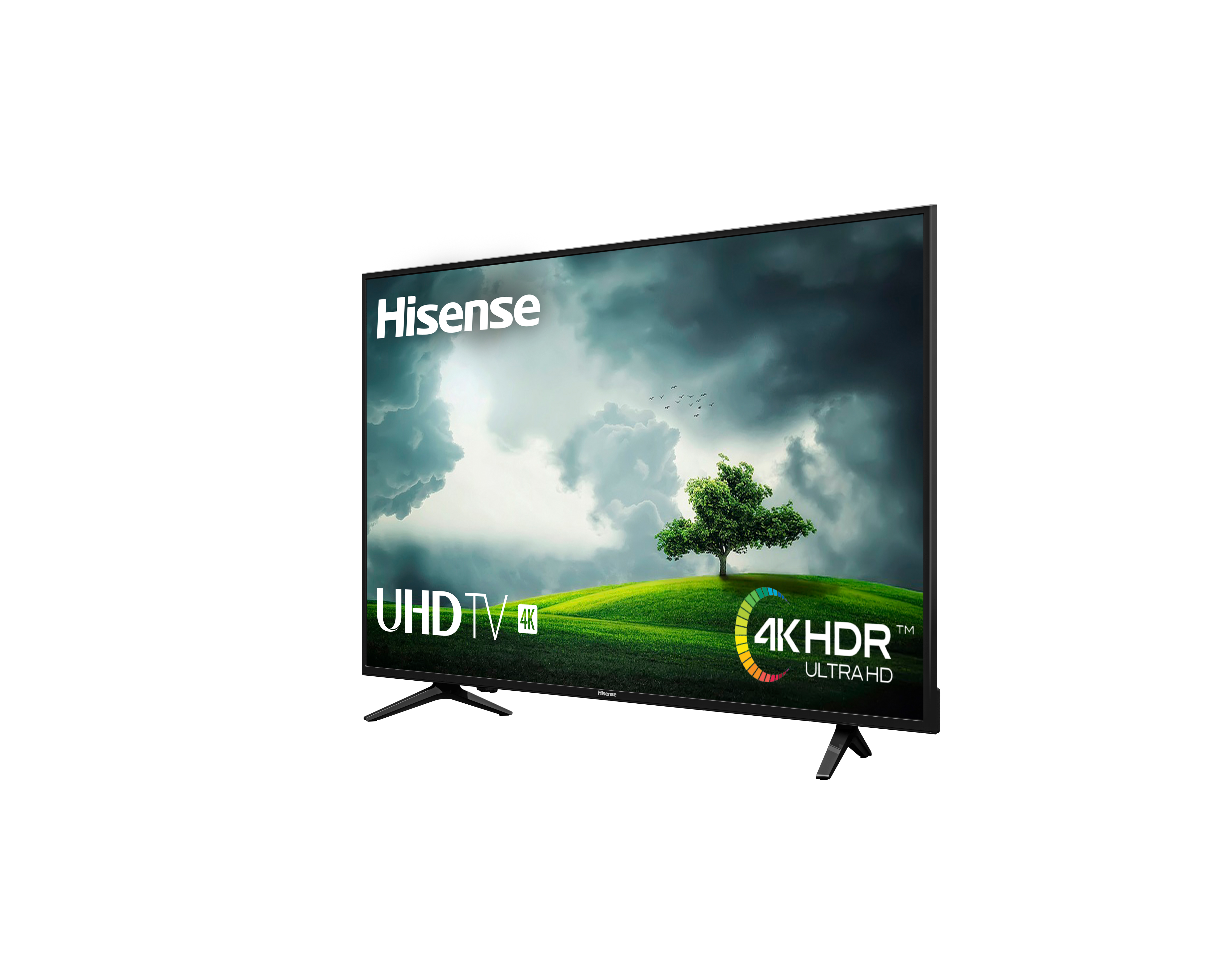 Televisor UHD Hisense que muestra un paisaje con un árbol y un cielo nublado. El televisor tiene un marco y soporte negros.
