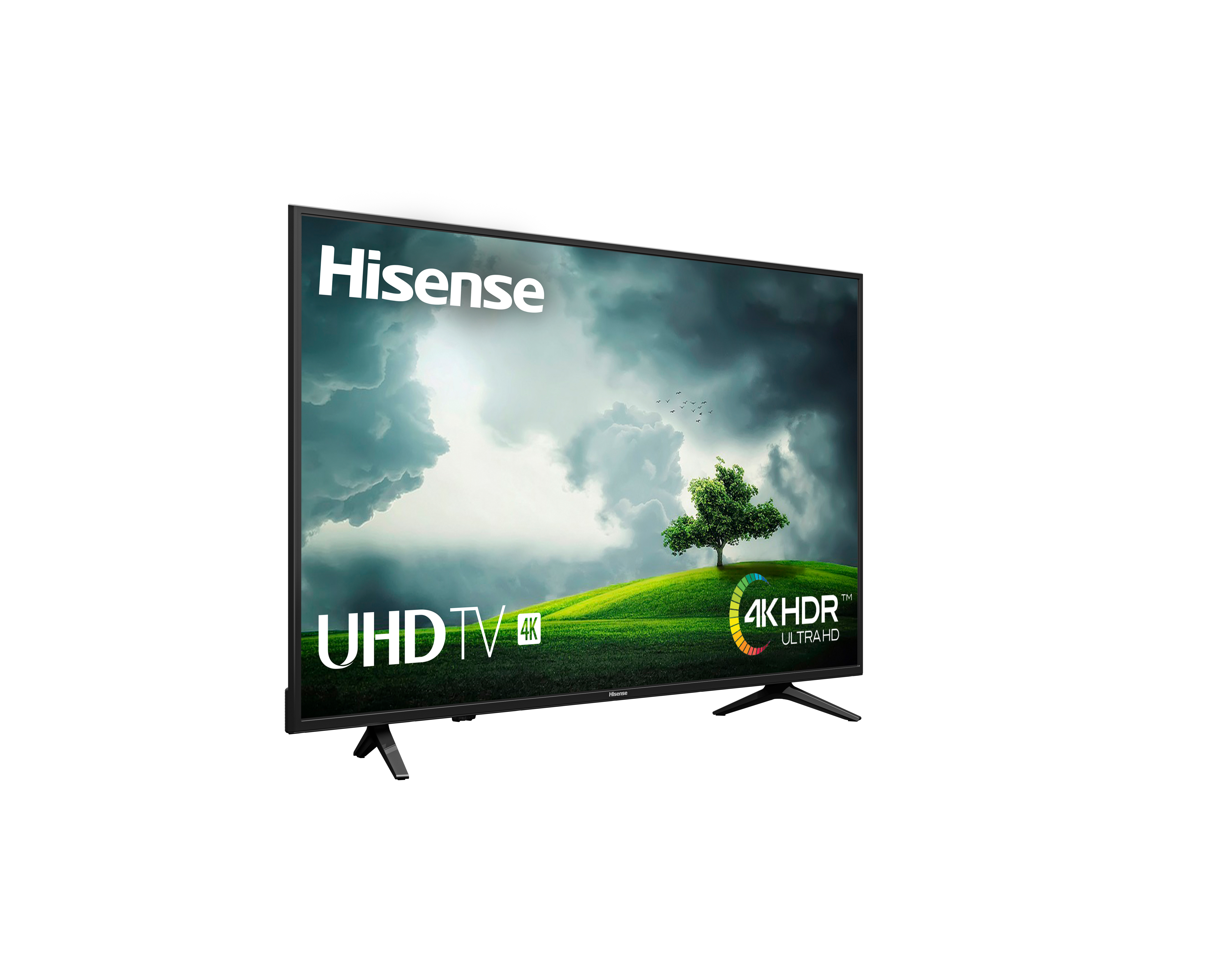Un televisor Hisense UHD 4K sobre un fondo blanco. La pantalla muestra una escena de la naturaleza con un árbol.