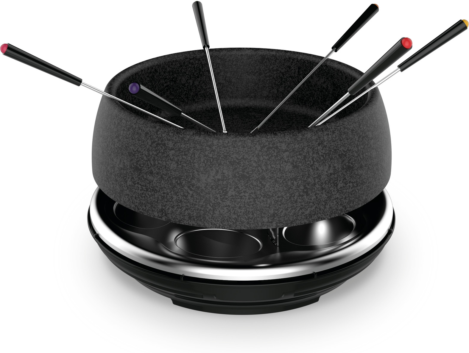 Zwarte fonduepan met verschillende vorken en een verwarmingsbasis. De basis is zilver en heeft knoppen.