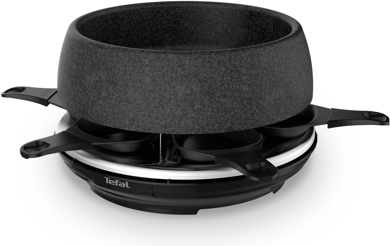 Raclette grill met zwart-wit design, met een kom-achtig element.