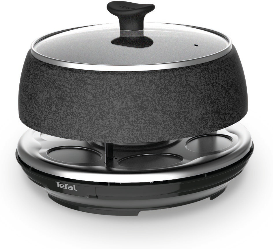Zwarte en grijze Tefal eierkoker met een doorzichtige deksel op een witte achtergrond.