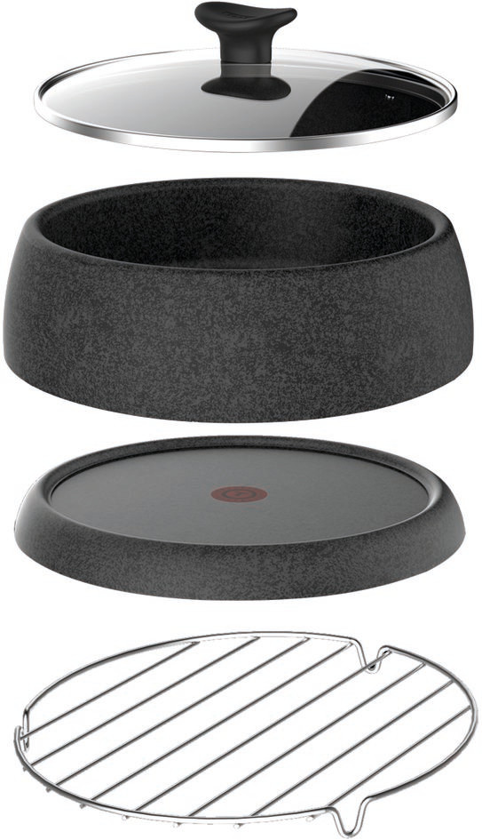 Gedemonteerd zwart en grijs T-fal kookgerei, met een glazen deksel, basis en grill.