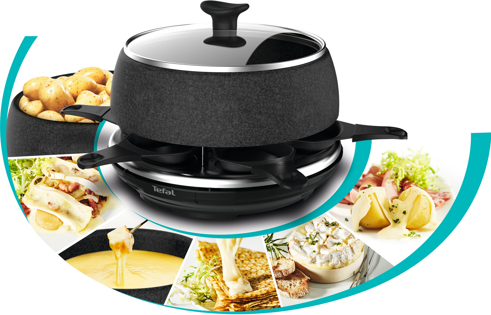 Raclette grill met gerechten, waaronder aardappelen, kaas en andere gerechten.