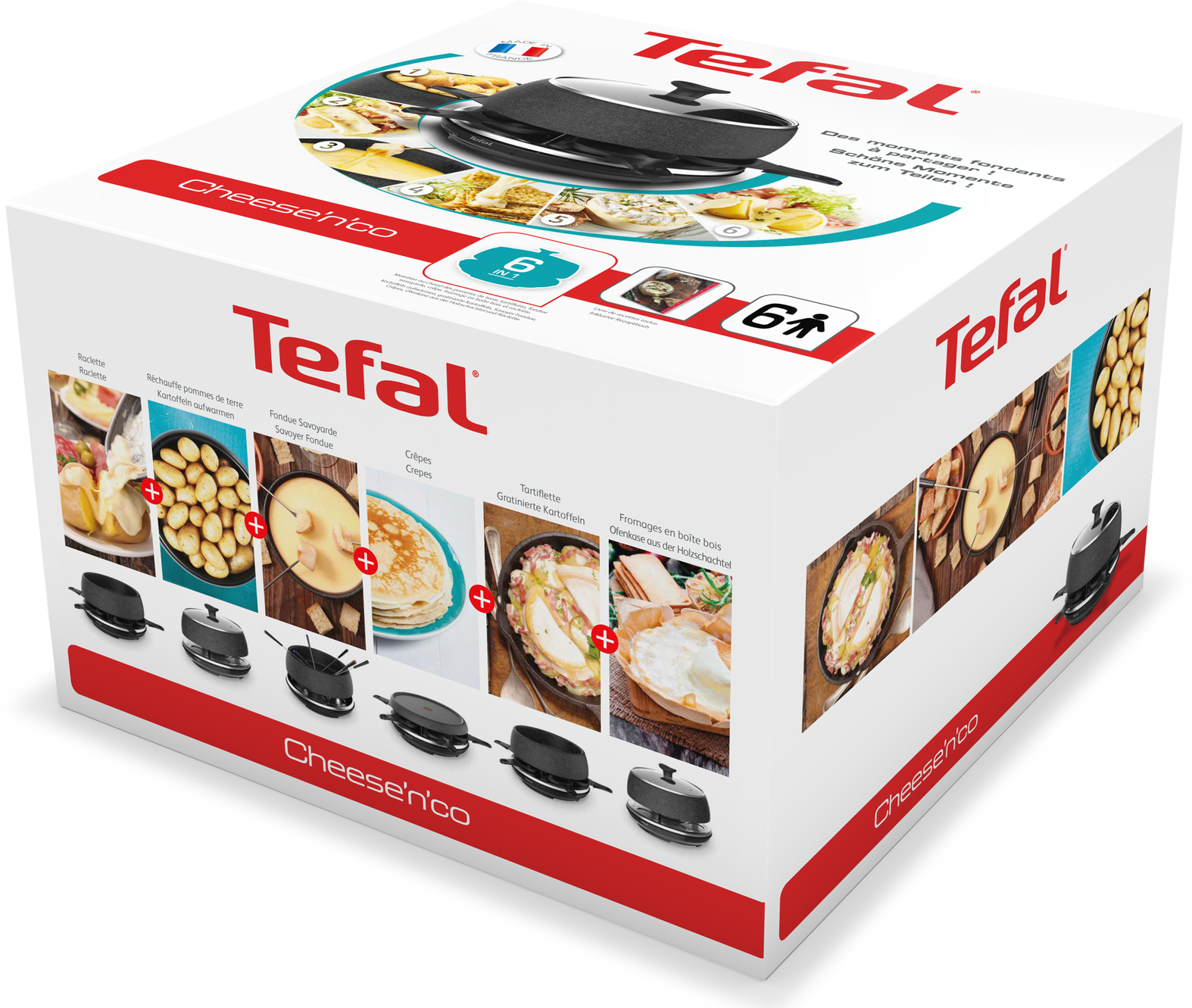 Verpakte Tefal Cheese'n'co set. Bevat raclette, crêpemaker en andere apparaten. Witte achtergrond.
