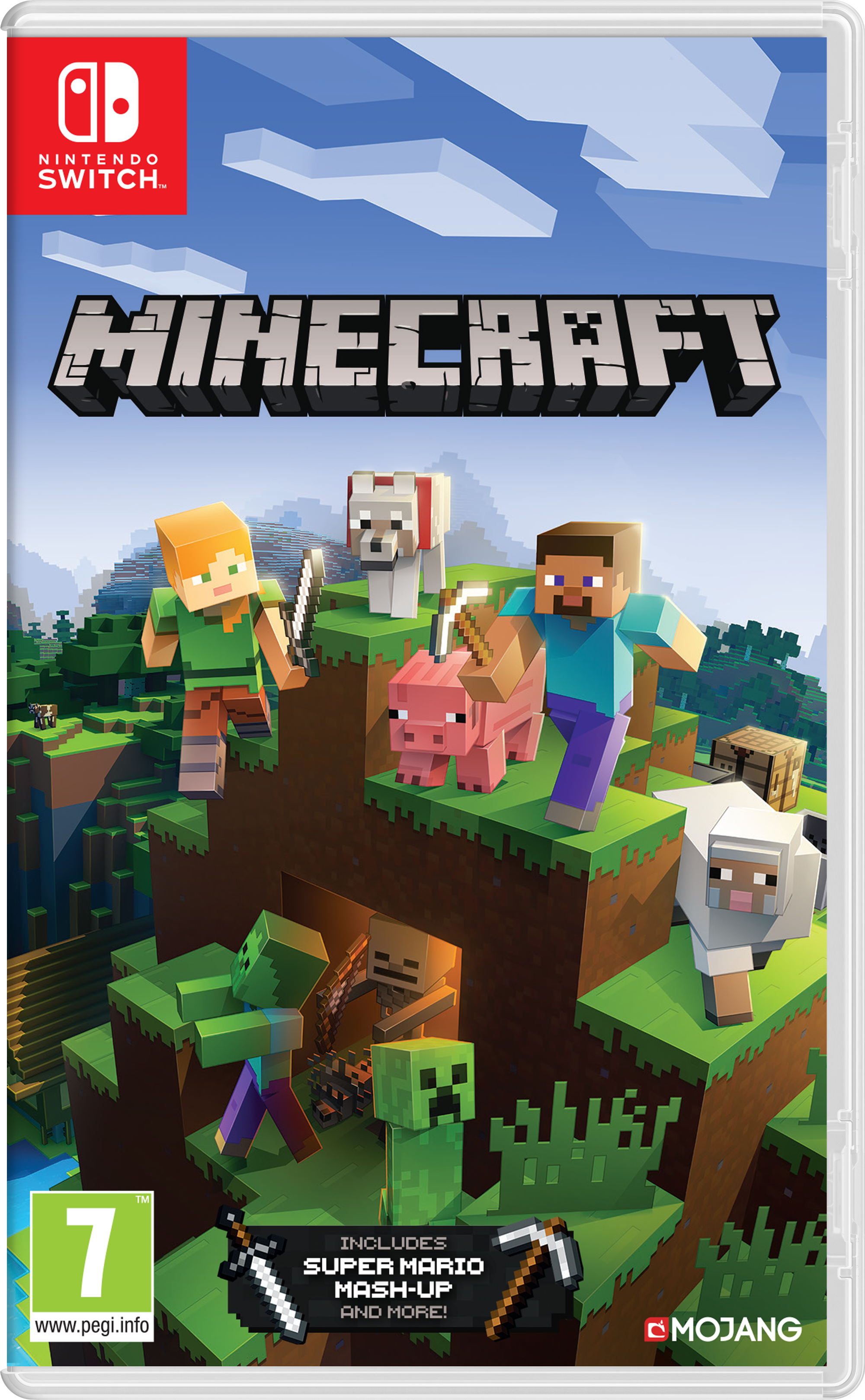 Minecraft oyun kapağı. Aletleri ve hayvanları olan karakterler. Yeşil ve kahverengi arka plan.