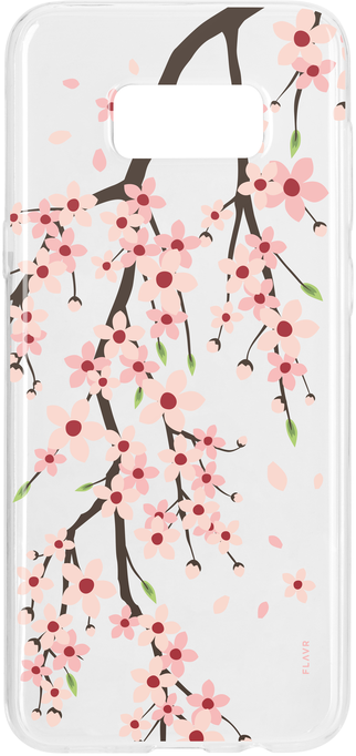 A phone case with a cherry blossom design. Pink flowers with brown branches against a white background, with falling petals.