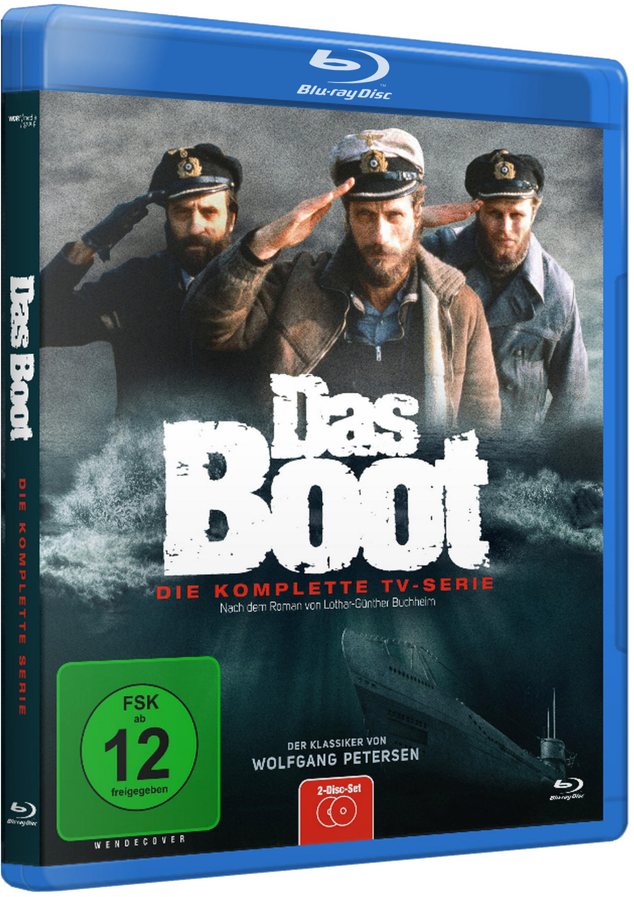 Das Boot Blu-ray-Cover. Drei Männer in Marineuniformen salutieren. Ein U-Boot ist im Hintergrund.