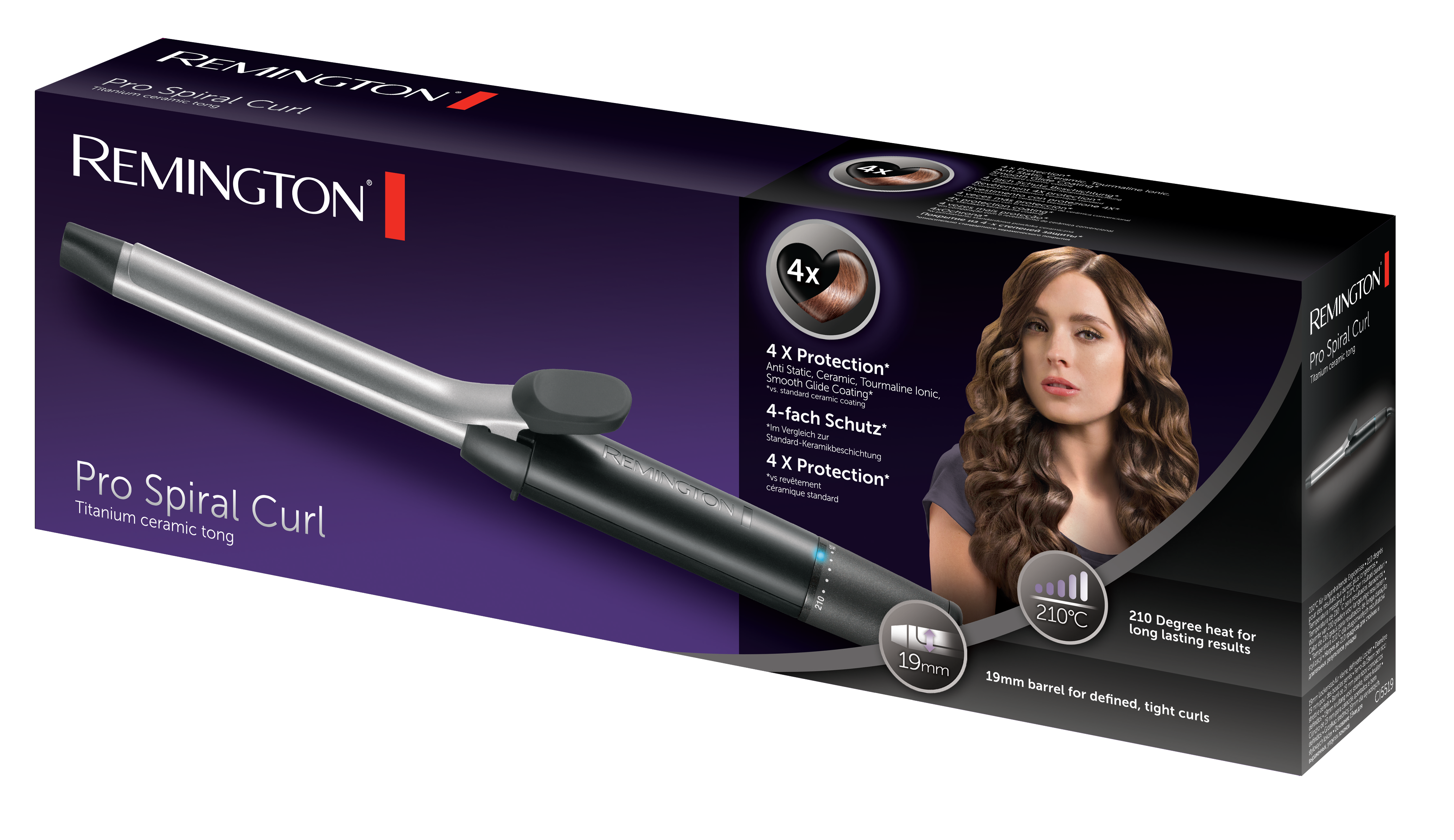 A curling iron with a box, a woman's face is visible on the box.