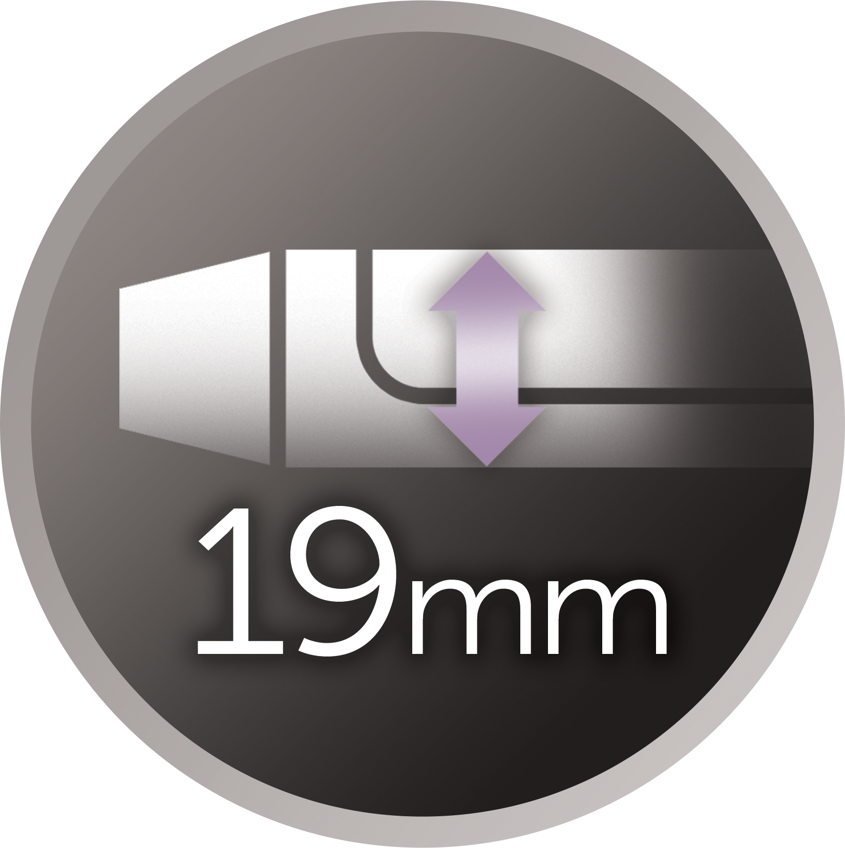 A gray circle with a silver tool and the number 19mm. A purple arrow indicates adjustment.