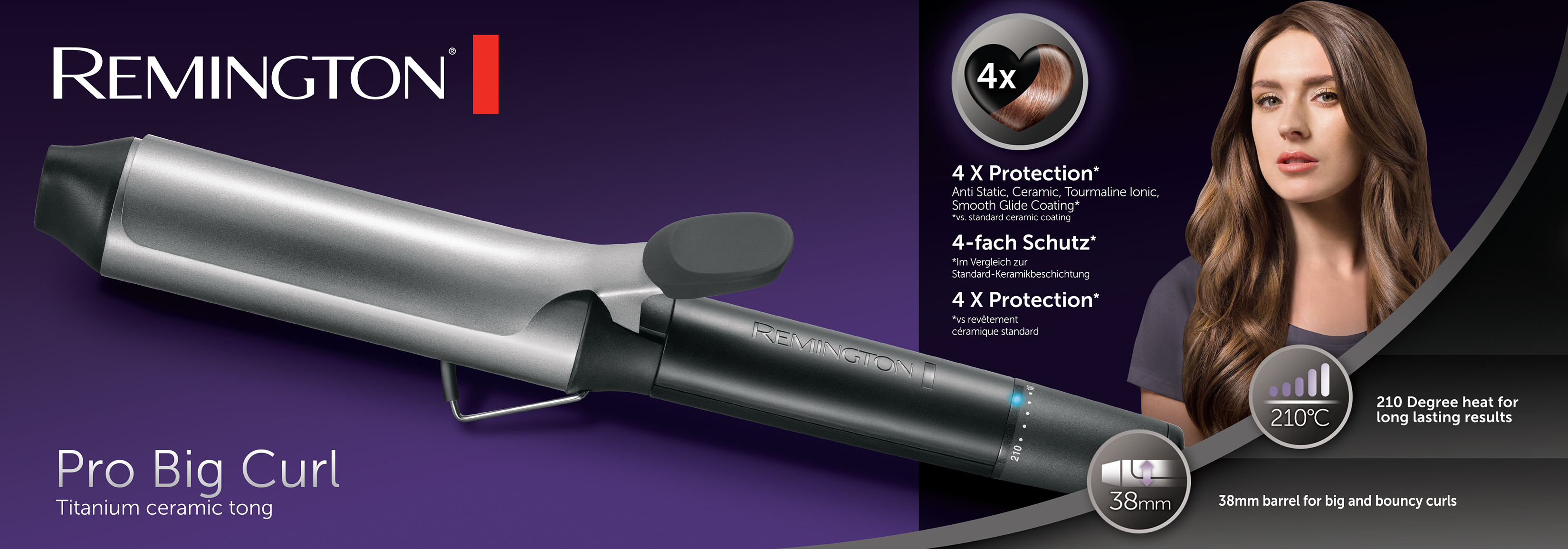 Remington Pro Big Curl krultang. Hij is zilver en zwart met tekst en een afbeelding van een vrouw.