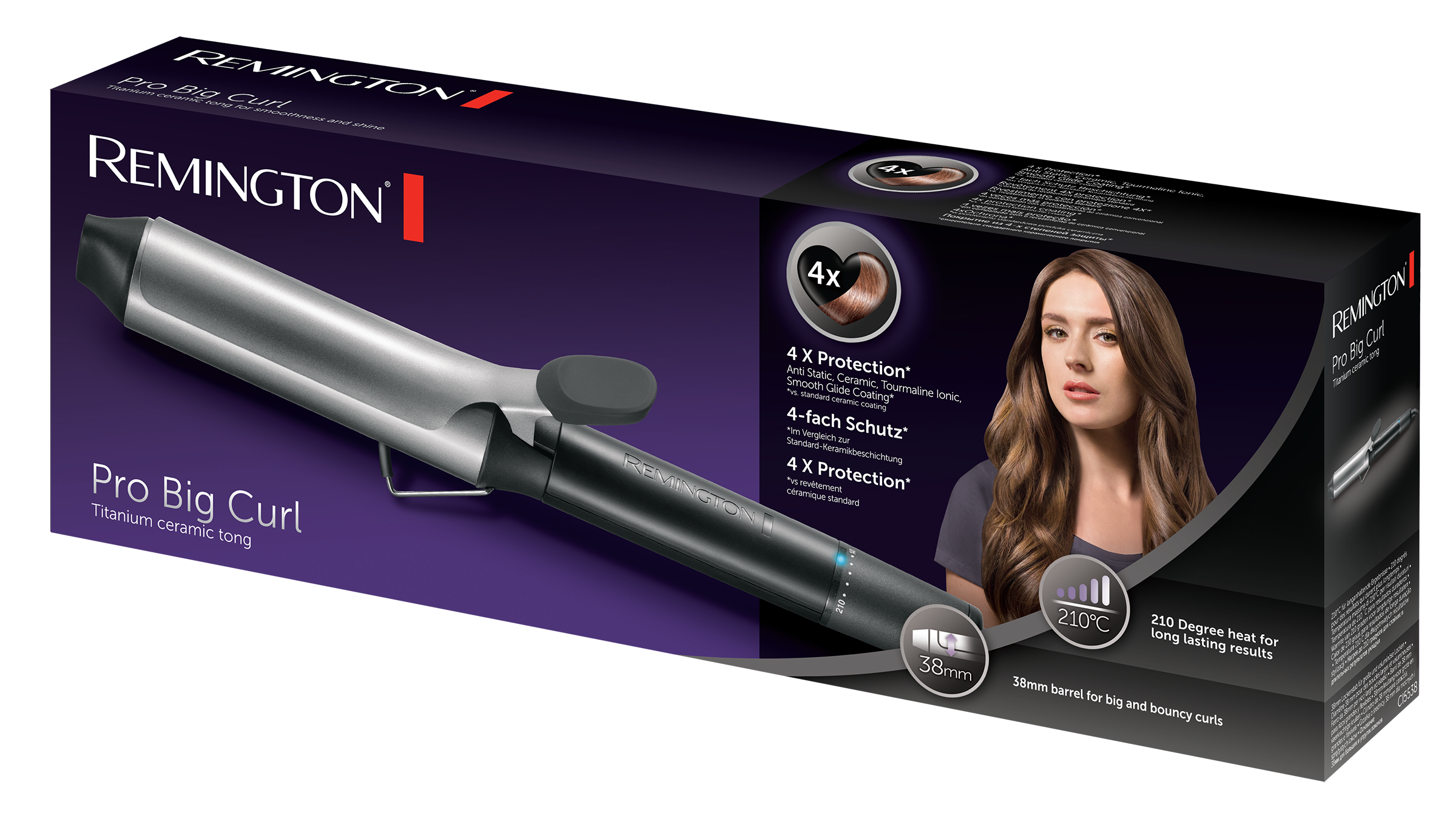 Remington Pro Big Curl krultang in doos. Zilveren cilinder, zwarte handgreep en een vrouw met krullend haar.
