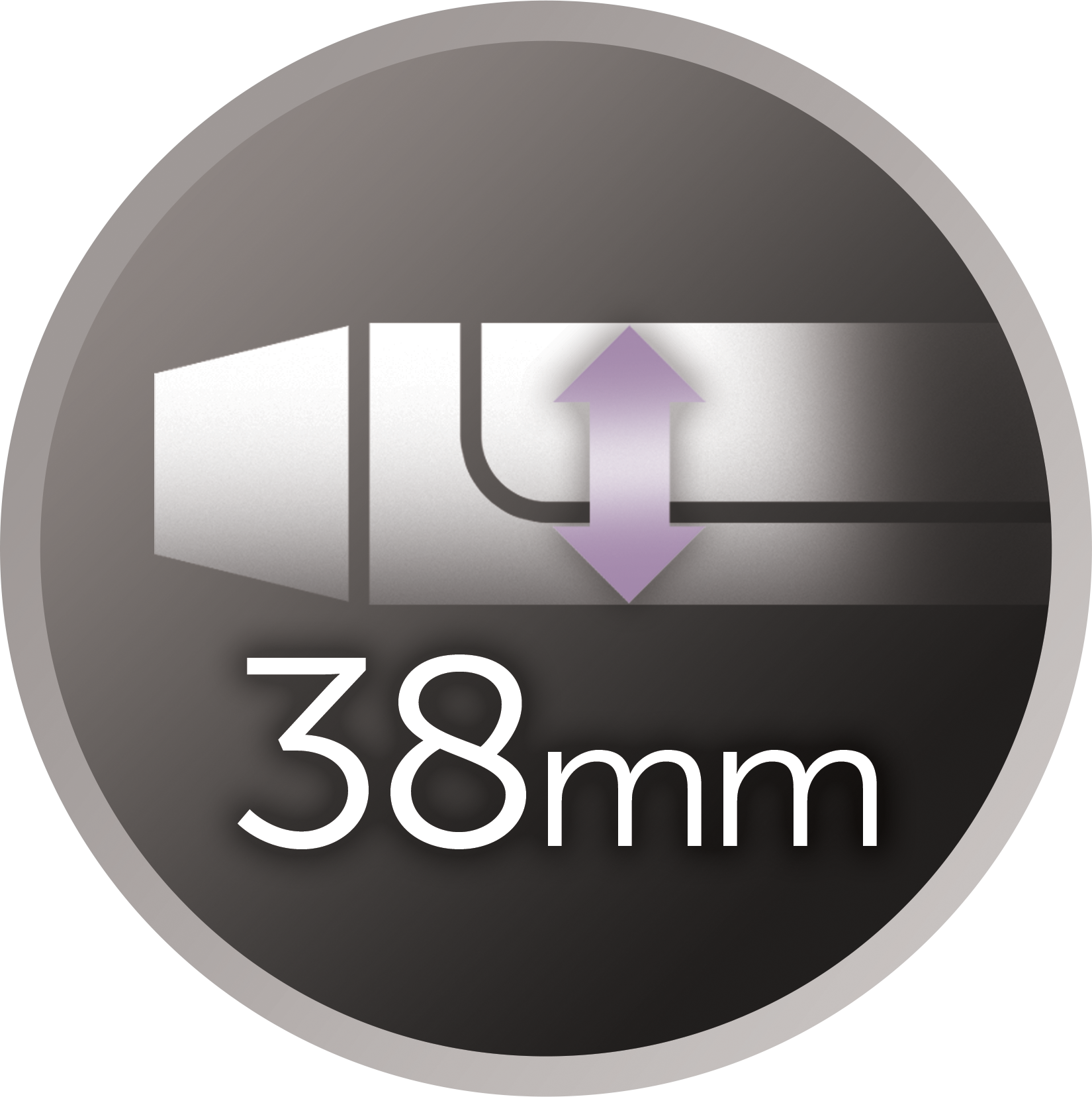 Een close-up cirkelvormige afbeelding met 38 mm tekst en een pijl die het instelbereik aangeeft, in een zwarte cirkel.
