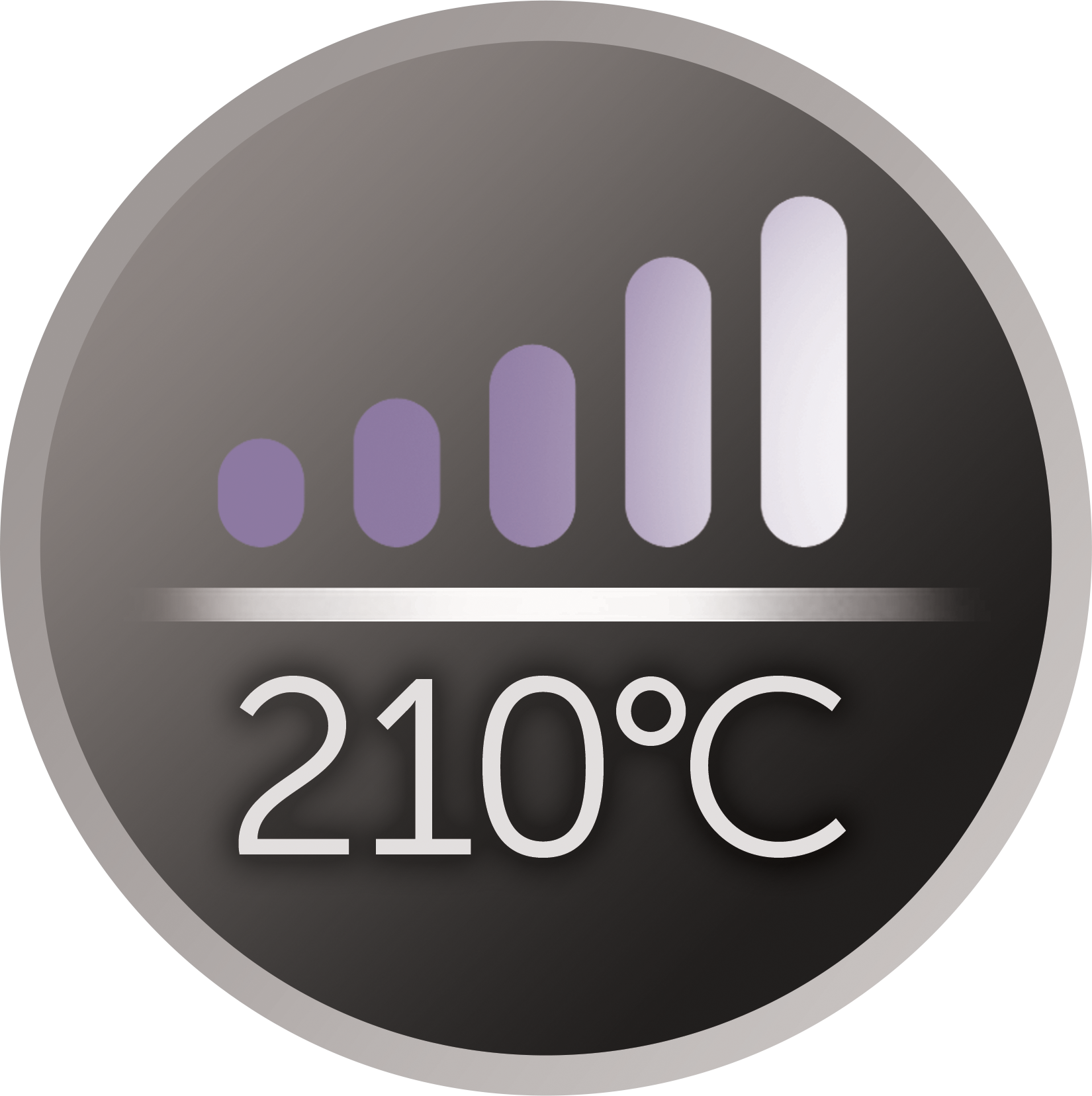 Rond, donkergrijs icoon met paarse balken (temperatuur) en tekst: 210°C.