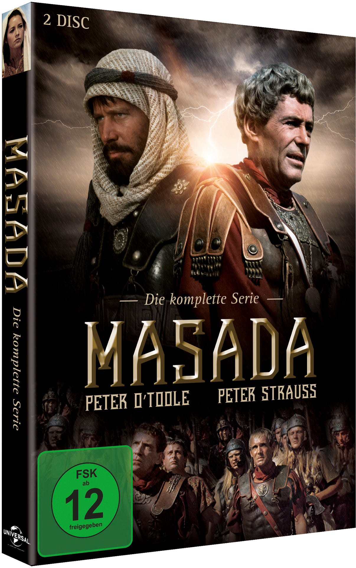 Masada DVD-Box. Zwei Männer in historischen Kostümen sind auf dem Cover. Die Box ist schwarz und hat das 