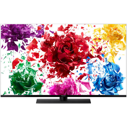 Beyaz bir arka plana sahip bir Panasonic TV. Ekran, renkli bir çiçek patlaması gösteriyor.