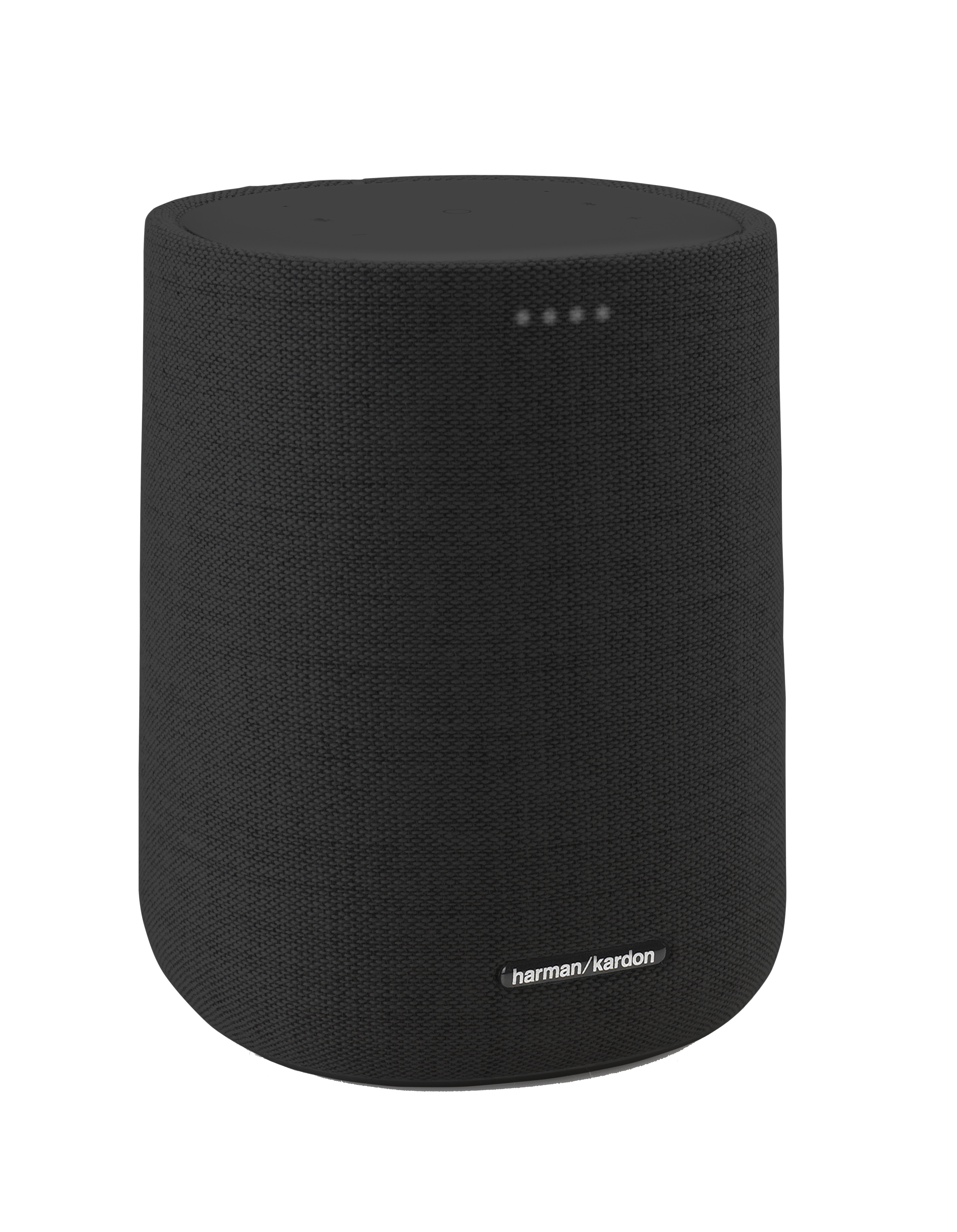 Zwarte Harman Kardon cilindrische luidspreker. Vier witte lampjes en een logo.