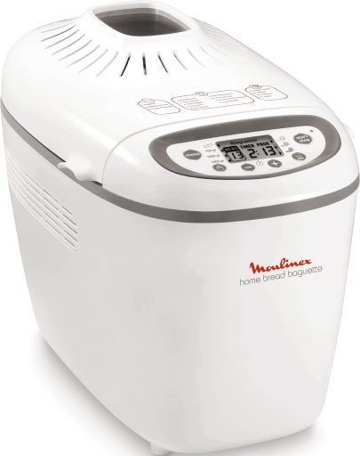 Panificadora Moulinex blanca con pantalla digital. Detalles grises, logo rojo, electrodoméstico.
