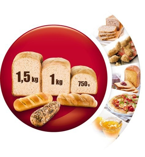 Hogazas de pan con pesos y otros productos de panadería con fondo circular rojo, estilo ilustrativo.