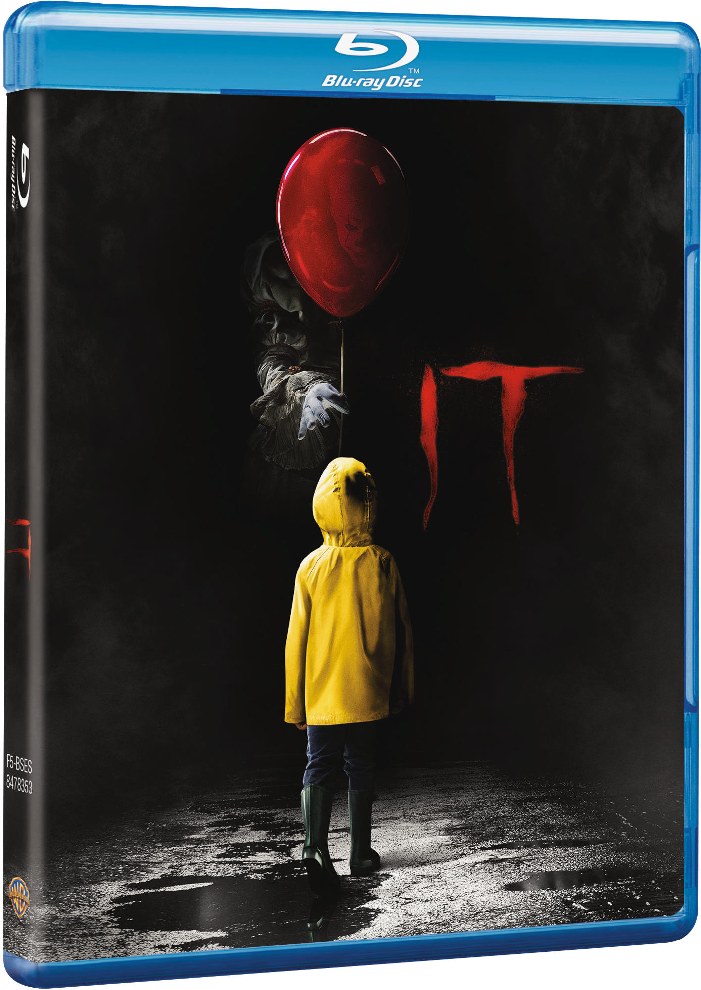 Estuche de disco Blu-ray. Muestra a una persona con impermeable amarillo, globo rojo y la palabra "IT".