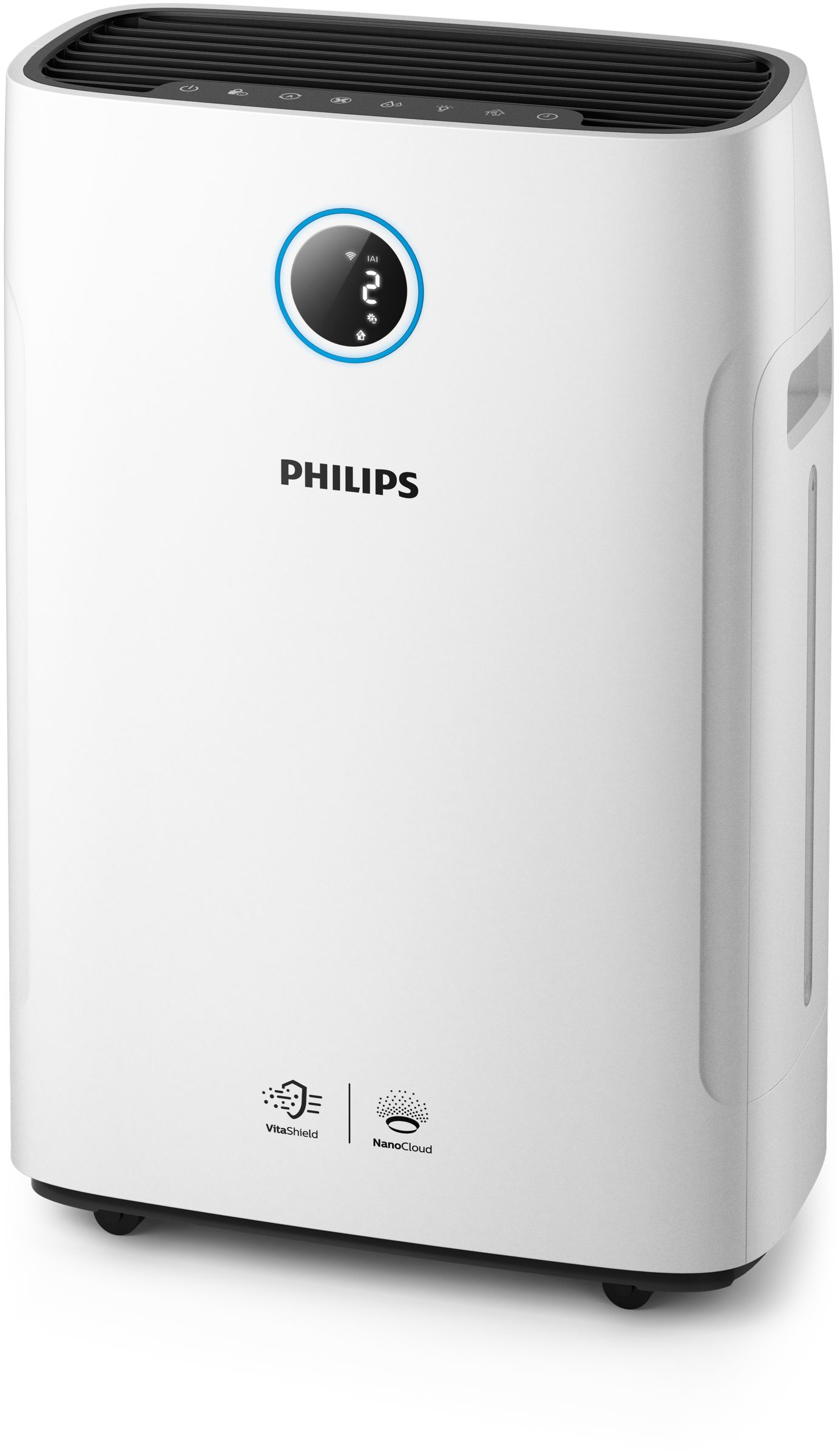 Un purificatore d'aria bianco con display digitale e parte superiore nera. Due loghi frontali.