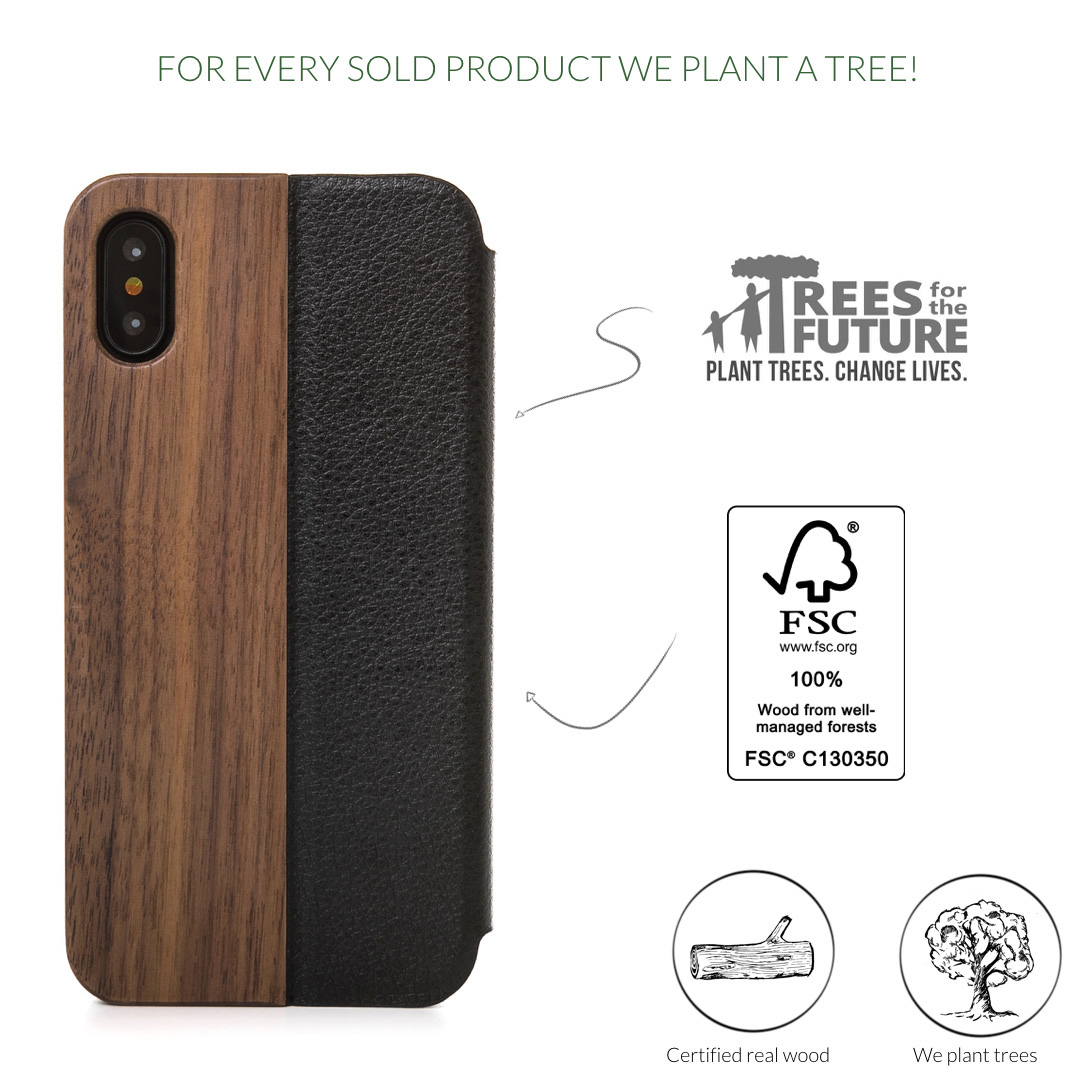 WOODCESSORIES Ecoflip, Bookcover, Apple, iPhone XS Max, Braun/Schwarz