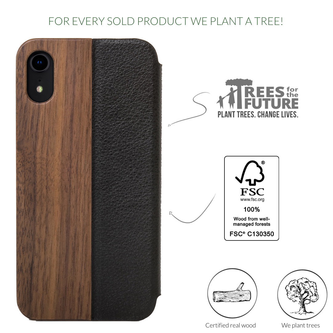 WOODCESSORIES Ecoflip, Bookcover, Apple, iPhone XR, Braun/Schwarz