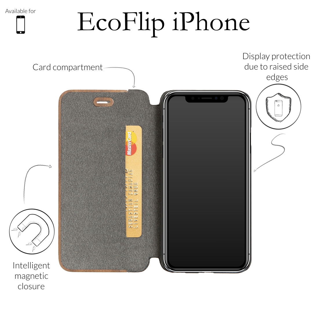 WOODCESSORIES Ecoflip, Bookcover, Apple, iPhone Max, Braun/Schwarz XS