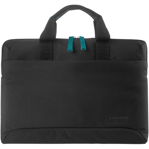 Schwarze Laptoptasche mit türkisfarbenen Reißverschlüssen und Griffen. Tucano-Logo.