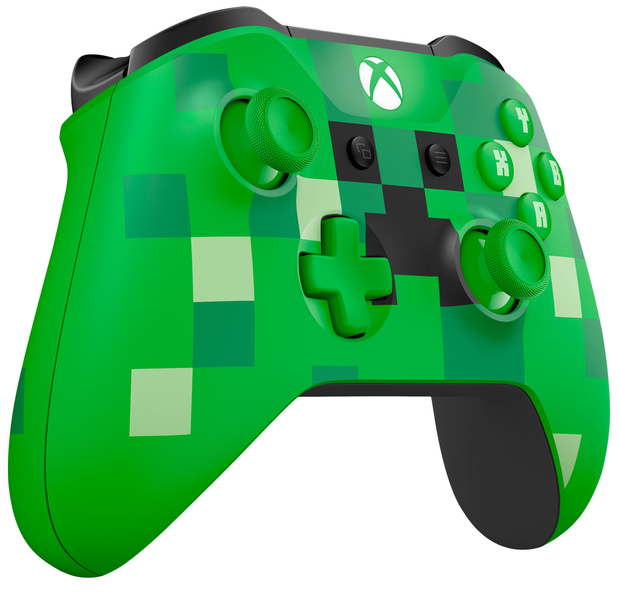 Controlador Xbox verde con diseño pixelado y botones sobre fondo blanco.