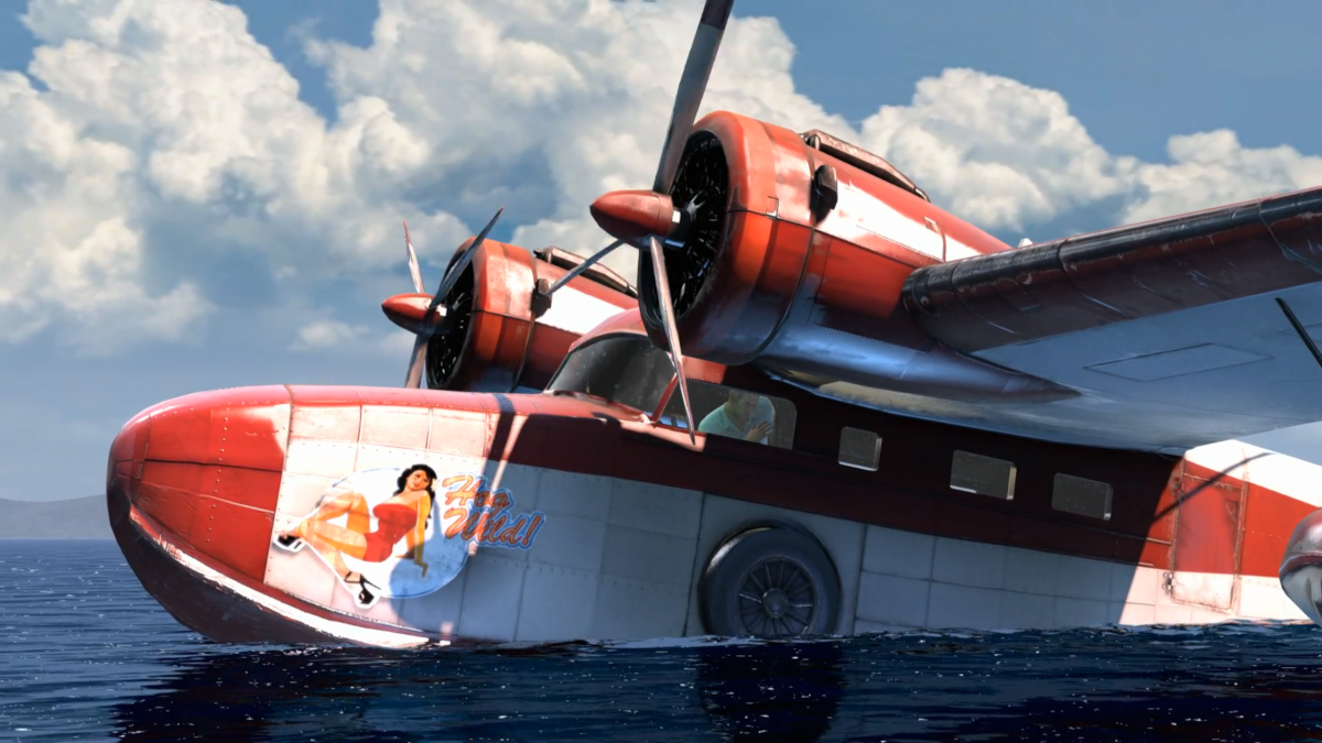 Ein rot-weißes Wasserflugzeug auf dem Wasser, mit einem Pin-up-Girl an der Seite.