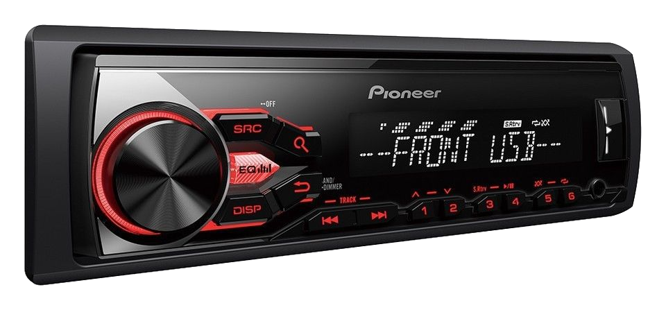 Pioneer autórádió piros gombbal és fekete gombokkal. A kijelző USB-t és egyéb információkat jelenít meg.