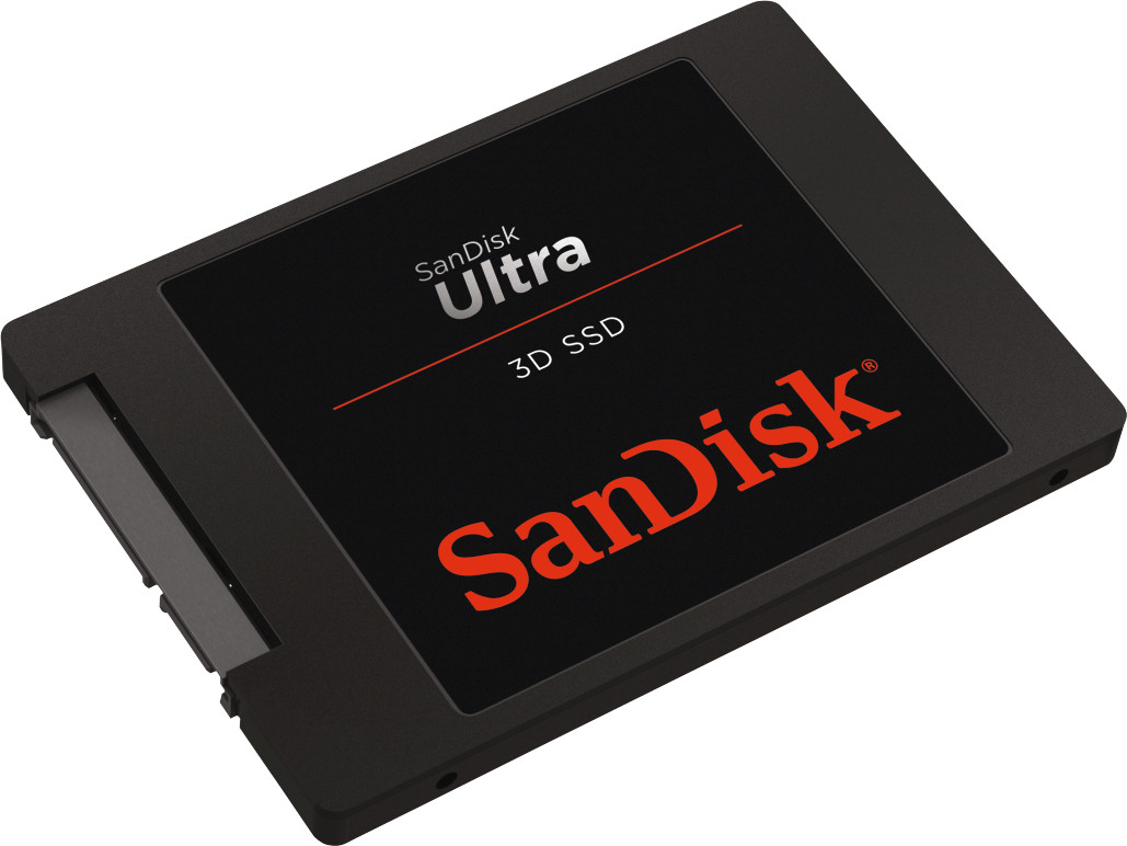 SSD Sandisk Ultra 3D noir. Le logo Sandisk est en rouge sur la surface noire.