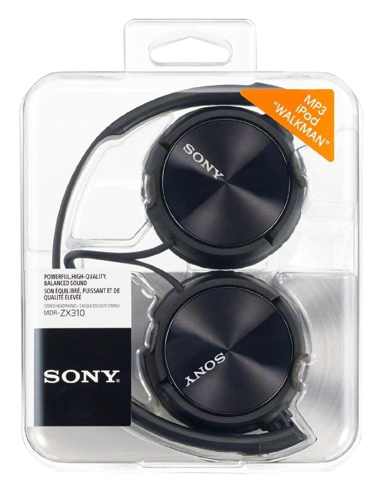Fekete Sony fejhallgató csomagolásban. Összecsukott, Sony logóval. A csomagolás átlátszó.