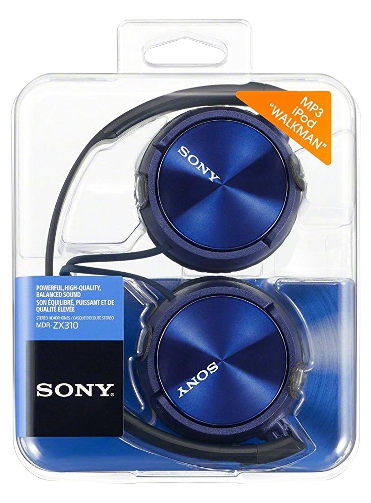 Kék Sony fejhallgató átlátszó műanyag csomagolásban, Walkman felirattal.