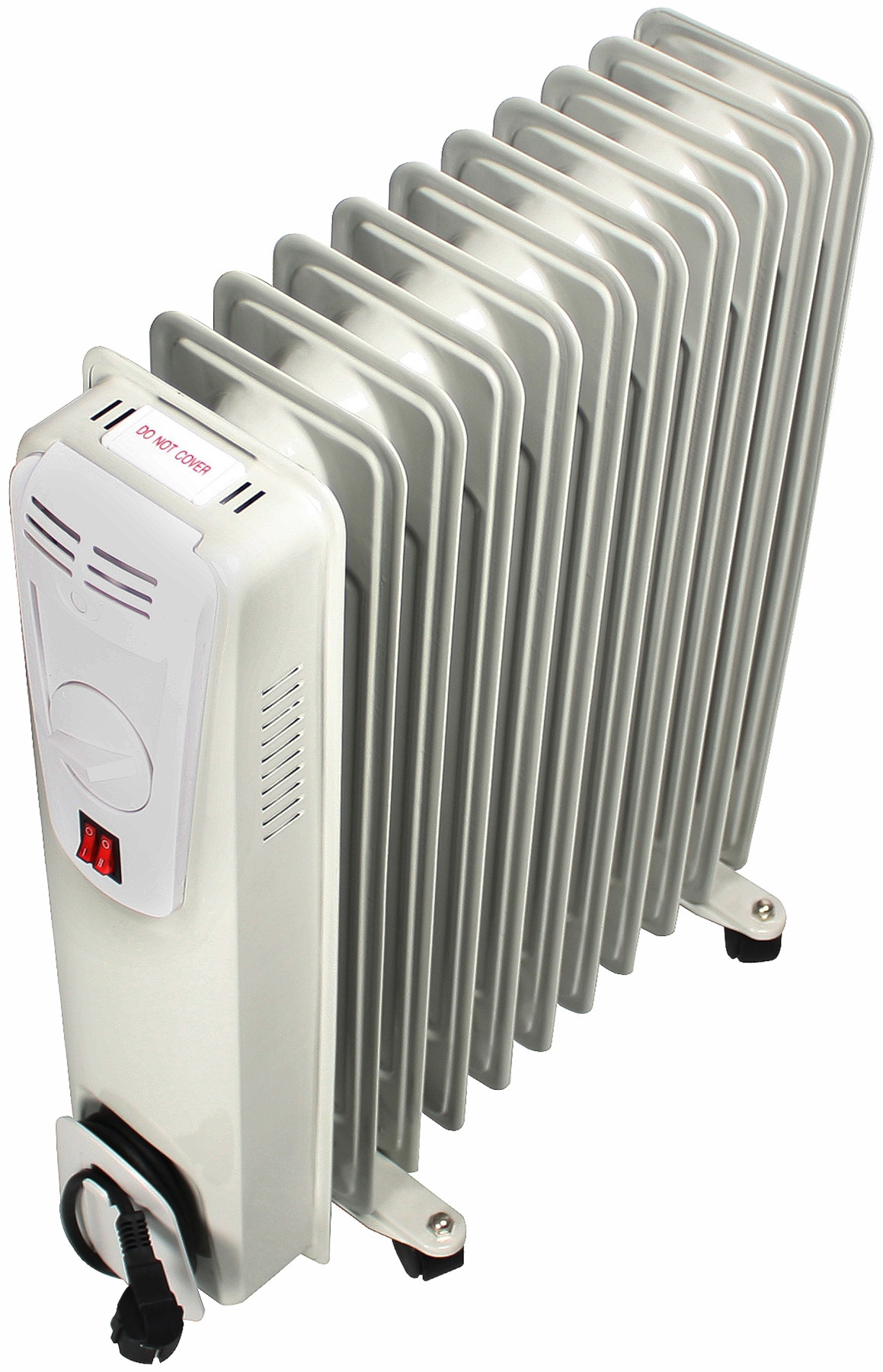 Ein weißer Ölradiator mit rotem Netzschalter und schwarzem Netzkabel. Er hat Lamellen.